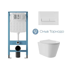 Комплект инсталляции Aqueduto Tecnica Novo с безободковым унитазом Cone Plus Tornado белый глянец, клавиша смыва Retangulo белый глянец