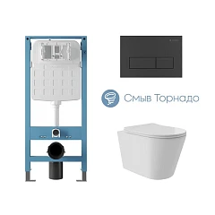 Комплект инсталляции Aqueduto Tecnica Novo с безободковым унитазом Cone Plus Tornado белый глянец, клавиша смыва Retangulo Novo черная матовая