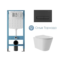 Комплект инсталляции Aqueduto Tecnica Novo с безободковым унитазом Cone Plus Tornado белый глянец, клавиша смыва Retangulo черная матовая