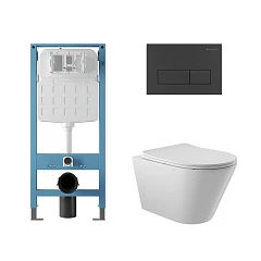Комплект инсталляции Aqueduto Tecnica Novo с безободковым унитазом Cone белый глянец, клавиша смыва Retangulo Novo черная матовая