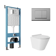 Комплект инсталляции Aqueduto Tecnica Novo с безободковым унитазом Cone Tornado белый глянец, клавиша смыва Quadrado глянцевый хром