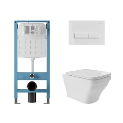 Комплект инсталляции Aqueduto Tecnica Novo с безободковым унитазом Esteta белый глянец, клавиша смыва Retangulo белый глянец