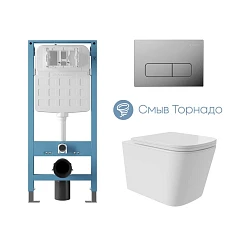 Комплект инсталляции Aqueduto Tecnica Novo с безободковым унитазом Macio Plus Tornado белый глянец, клавиша смыва Forma глянцевый хром