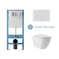 Комплект инсталляции Aqueduto Tecnica Novo с безободковым унитазом Ovo Plus Tornado белый глянец, клавиша смыва Forma белый глянец