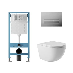Комплект инсталляции Aqueduto Tecnica Novo с безободковым унитазом Ovo белый глянец, клавиша смыва Retangulo Novo глянцевый хром