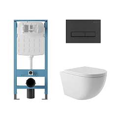 Комплект инсталляции Aqueduto Tecnica Novo с безободковым унитазом Ovo белый глянец, клавиша смыва Retangulo черная матовая