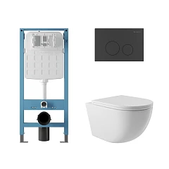 Комплект инсталляции Aqueduto Tecnica Novo с безободковым унитазом Ovo белый глянец, клавиша смыва Circulo черная матовая