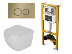 Комплект инсталляции DQ DI8050127 с безободковым унитазом Matrix Торнадо, клавиша смыва Bayern матовое золото