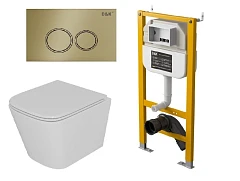 Комплект инсталляции DQ DI8050127 с безободковым унитазом Berlin Торнадо, клавиша смыва Bayern матовое золото