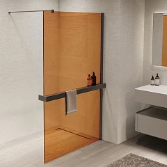 Душевая перегородка Vincea Walk-In 100*200 с полкой стекло янтарь профиль вороненая сталь без поддона