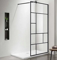 Душевая перегородка Aquatek Walk-in AQ WIW Print 10020BL 100*200 с держателем L/R профиль черный матовый, стекло прозрачное черный принт без поддона